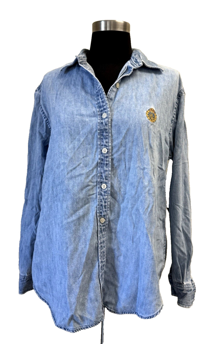 Vintage 90s Ralph Lauren Jeans Co Womens M Denim Shirt Crest Logo Button Up